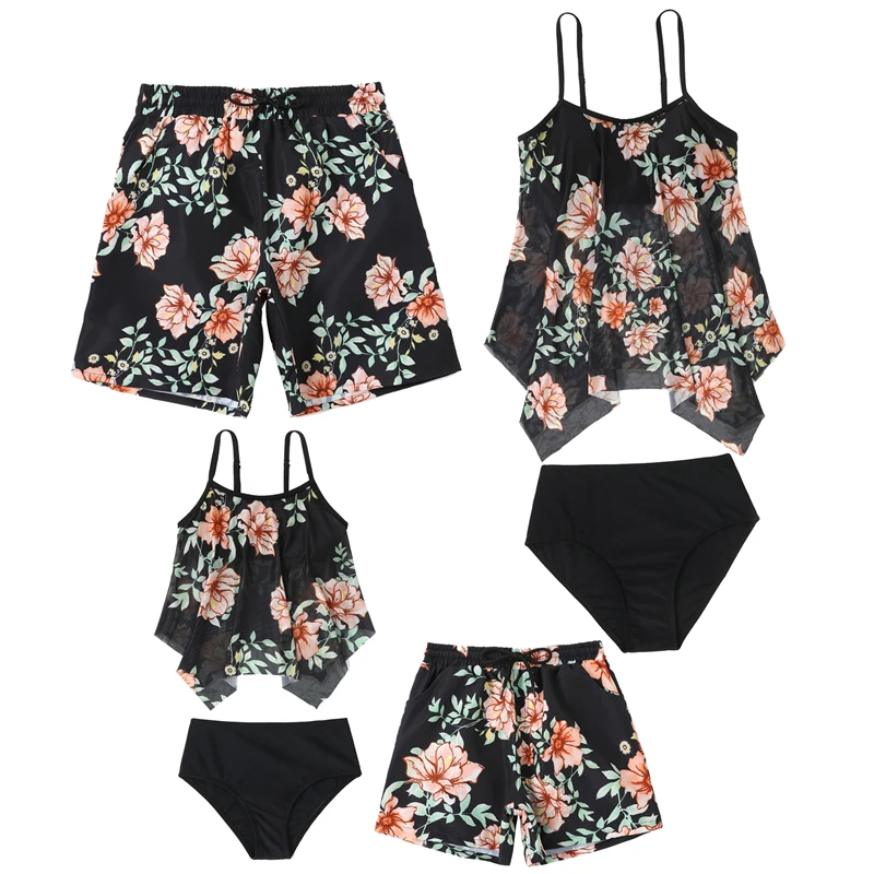 

Flower Family Matching Swimwear Tank Mother Daughter Swimsuits Outfits Mommy and Me Swim Dresses Clothes Dad Son Swimming Trunks
