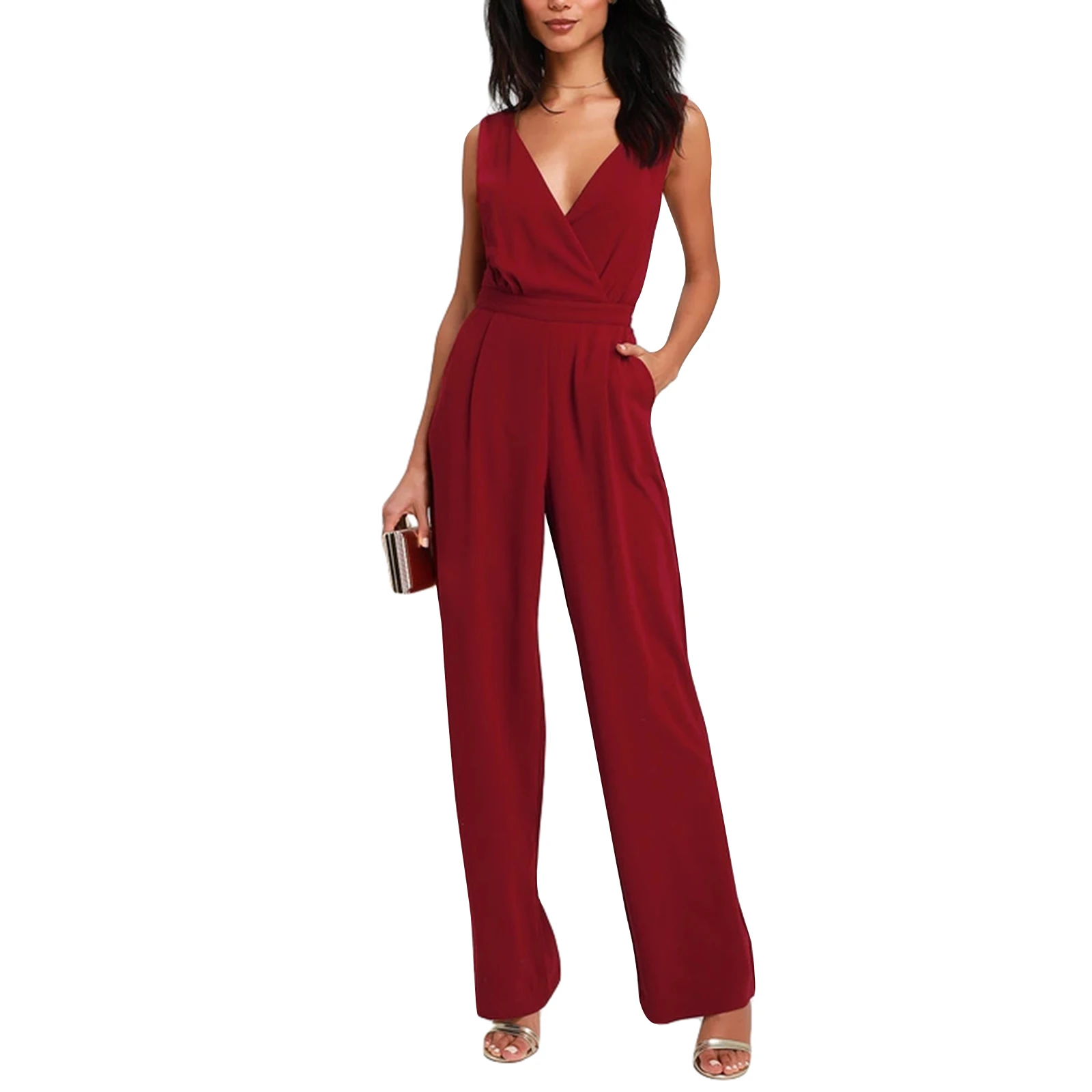 

Fashion Women s Lace Patchwork Jumpsuit Stylish Sexy Solid Sleeveless V Neck High Waist Rompers with Pockets for Streetwear