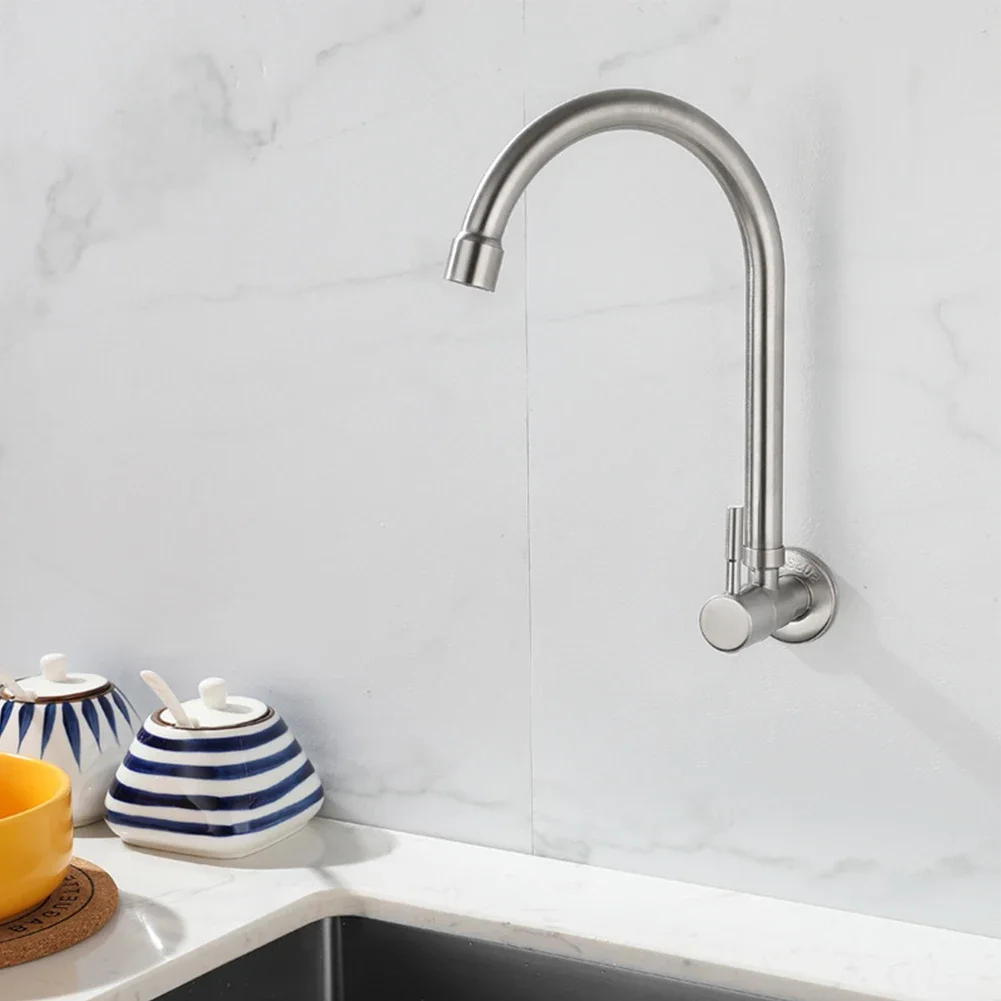 Rotation Stainless Steel Wall Mounted Kitchen Sink Water Faucet Tap Deck Mounted Stream Sprayer Single Cold Bathroom Mixer Tap