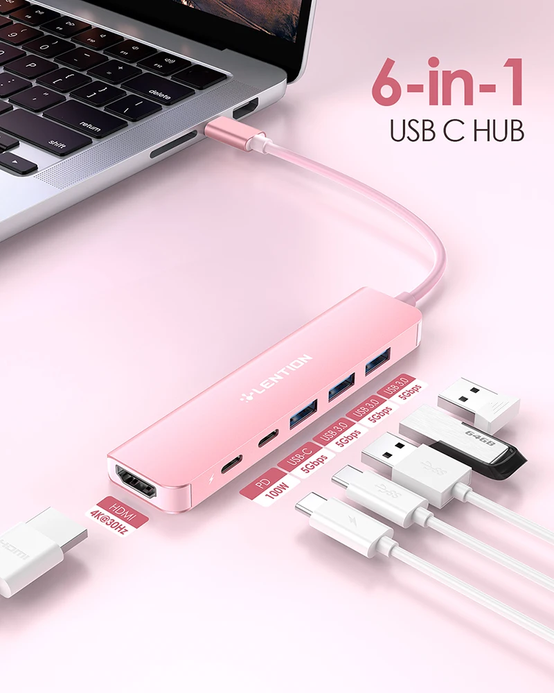 Фото USB-концентратор LENTION 6 в 1 с USB C на USB-адаптер с 4K HDMI,USB C портом для передачи данных, USB 3,0, 100 Вт PD совместимый Новый MacBook Pro/Mac Air №4