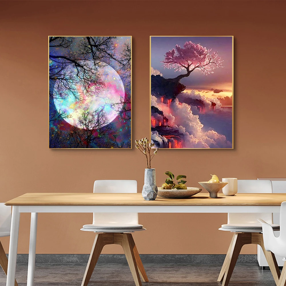 Diamond Painting New DIY 5D Diamond Painting Moon Tree Full Round Mosaic Landscape Flower Diamond Embroidery Art Rhinestone for Home Decor