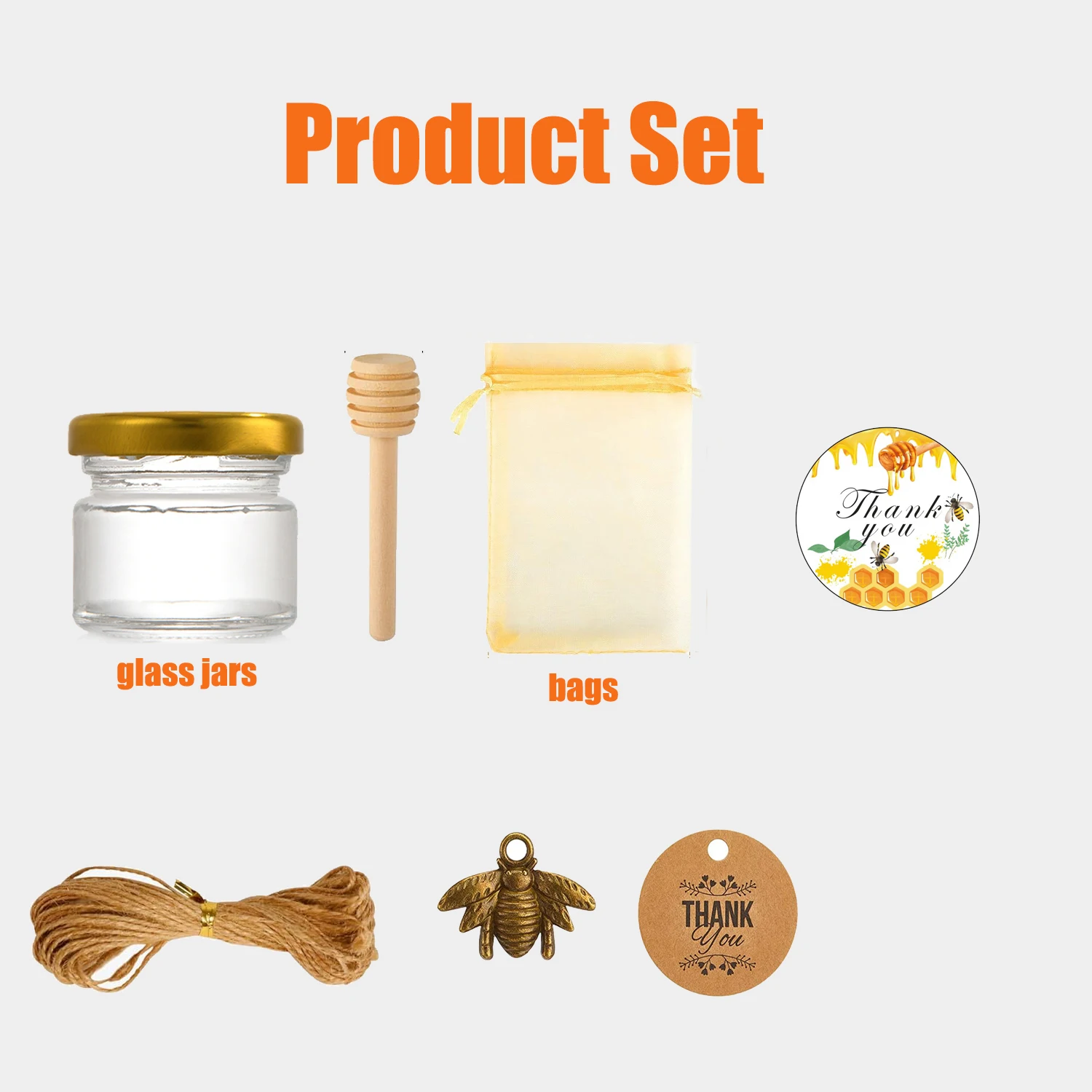 Mini Honey Jars with Dipper , Mini Glass Jars with Lids/Wooden Dippers/Bee Pendants/Gift Bags/Tags/,Small Honey Jars forWedding 2