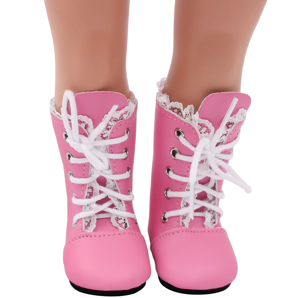 18 Inch American Doll Shoes Pink Laceup Boots Pu Newborn Shoe Girls