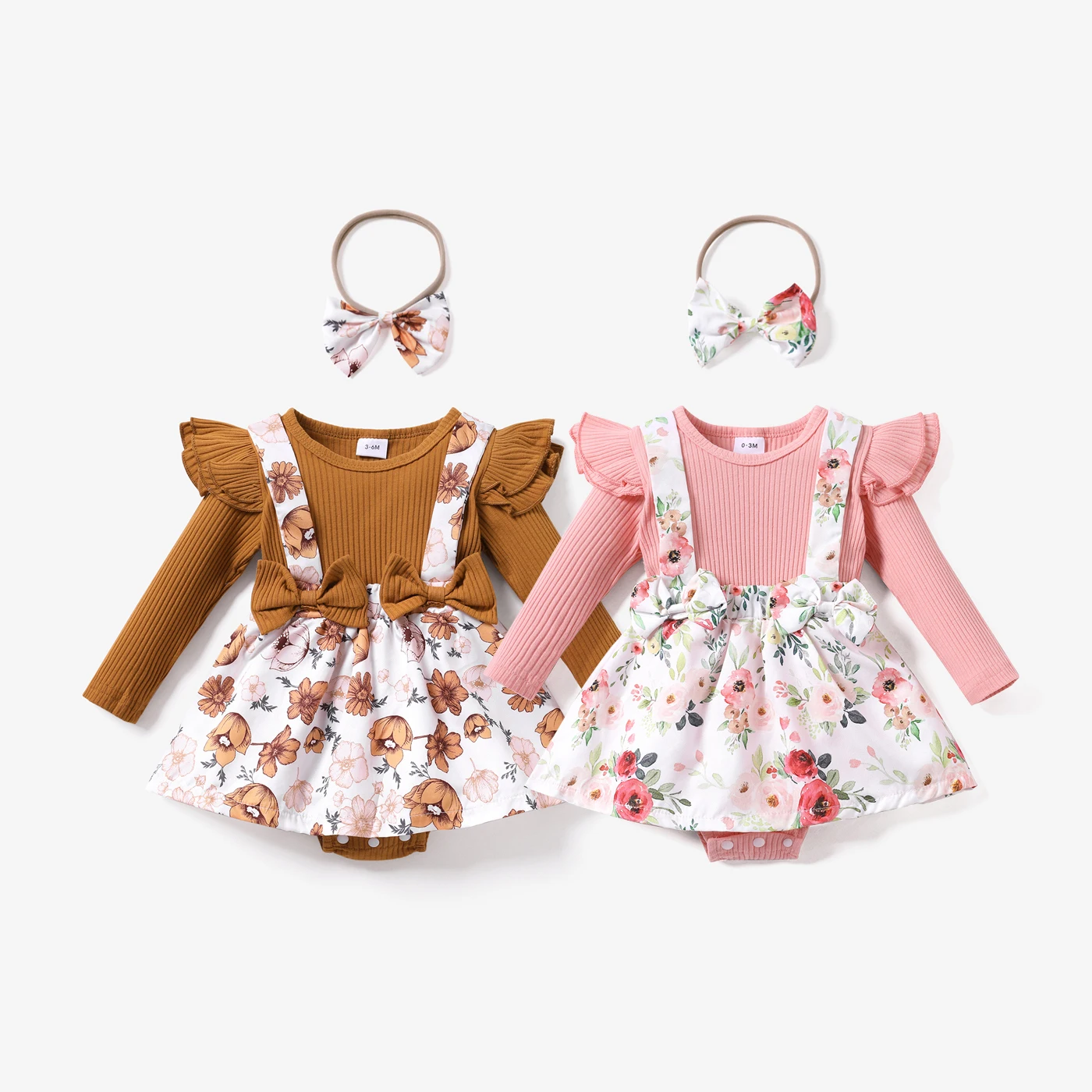 

PatPat Ribbed 2pcs Floral Splicing Ruffle Long-sleeve Baby Romper Set