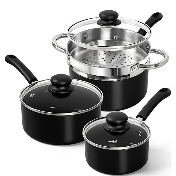 3個セット ノンスティックソースポットセット 蒸し器&蓋付き 1QT 2QT 3QT 調理器具セット 汎用ソースパン スープ 麺類 野菜調理鍋