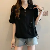 Polo Zipper T Shirts Women Summer Casual Loose Short Sleeve Pullover 2025 new Korean Lady Fashion Shirring Black Tops - Image 4