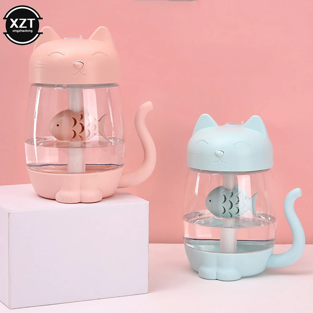 350ML Cat Air Humidifier With Color LED Light Ultrasonic 3 In 1 Adorable Cat Eat Fish Humidificador USB Aroma Diffuser Fogger