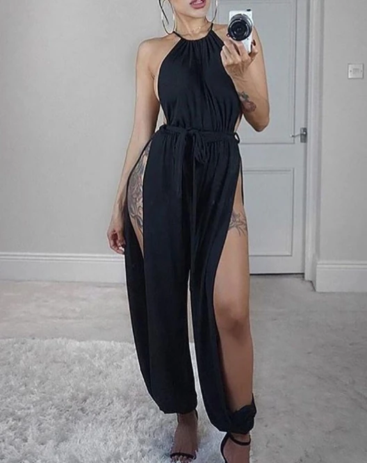 Women Jumpsuit 2024 Summer Fashion New Youthful Woman Clothes Women's Sexy Side Slit Lace Up Casual Sleeveless Jumpsuit Y2K