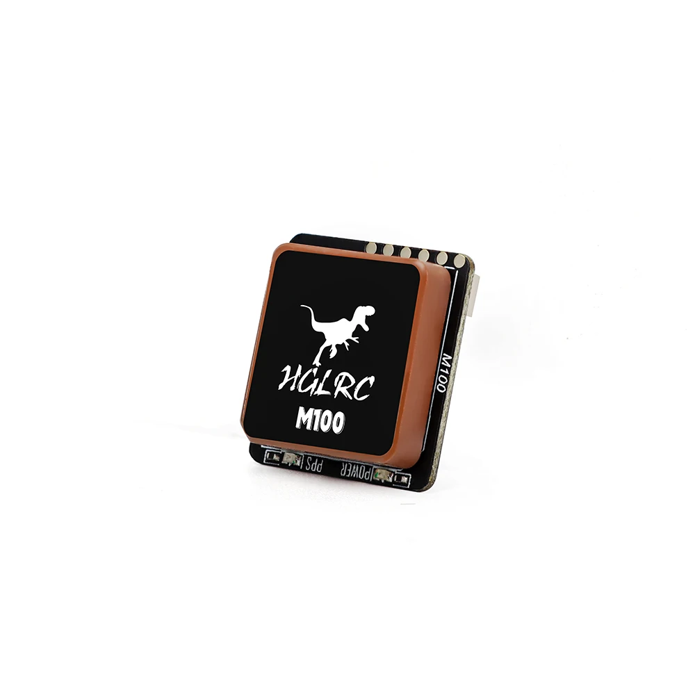 Gros plan sur le module GPS HGLRC M100-5883 avec boussole, mettant en évidence les composants électroniques et le connecteur JST.