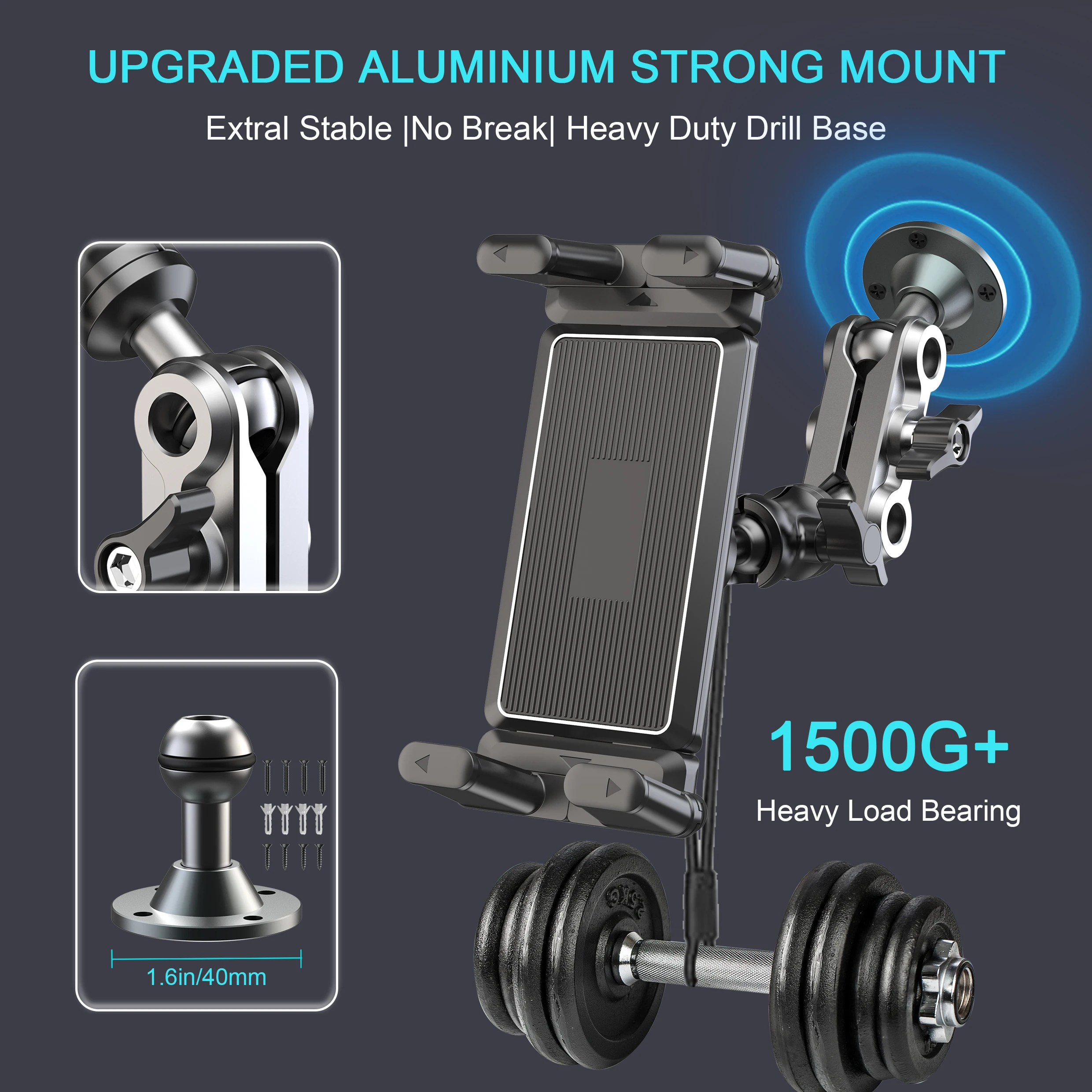 Hochleistungs-Bohrbasis aus Aluminium, Tablet-Halterung, Armaturenbrett für Autohalterung, 360° ° Verstellbarer 2-stufiger Ständer für 4,7–12,9 Zoll iPad – Detail 7