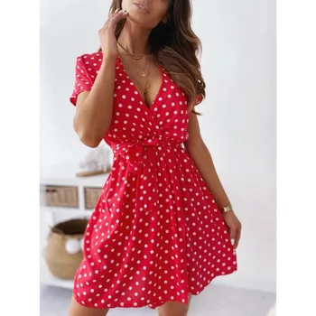 Summer Women's Polka Dot Printed Short Sleeved Casual Dress Fashionable V-neck Belt Commuting Dress Holiday Party Women's Dress 1