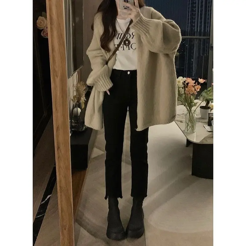 일본식 빈티지 루즈핏 v넥 긴팔 가디건 여성용, 올 매치 솔리드 컬러 인기 상품, 2022 가을 신제품