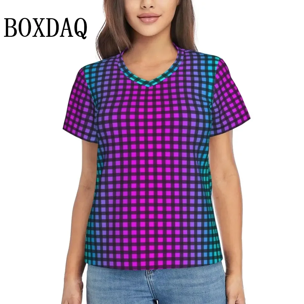 

Short Sleeve Vintage Classic Plaid Graphic Women T-Shirts Spring Summer 3D Gradient Print Casual V-Neck Lady Tees Oversized Tops