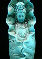 Chinese Turquoise Handmade Carved Statue Kwan-Yin Lotus Exquisite 2