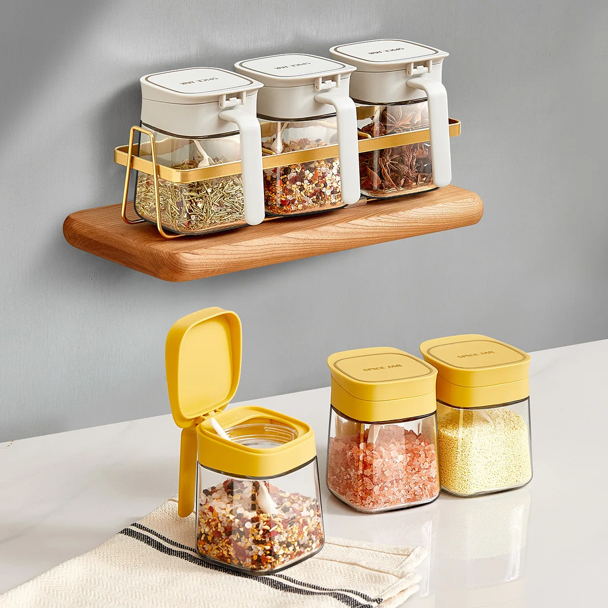Seasoning box, household kitchen, combination set, glass seasoning jar, salt and pepper jar, storage box seasoning bottle jar 3