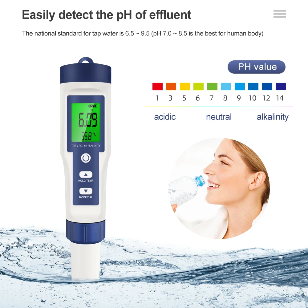 Water Quality Detector Water Tester Professional 5 In 1 TDS/PH/EC/Temp /Salinity Water Analyzer for Pools Drinking Aquarium