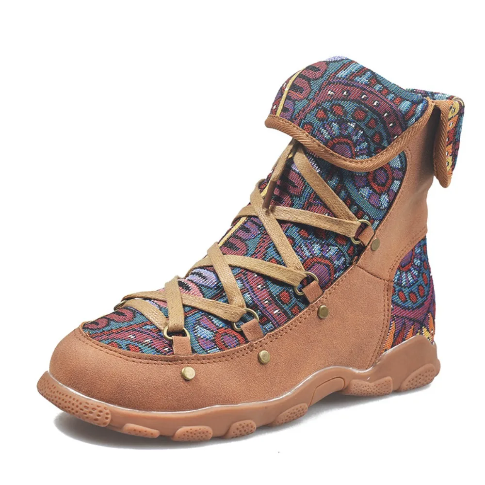 

Retro Women Lace Up Zipper Flat Boots Cute Pattern Round Toe Ankle BootsNew 2024