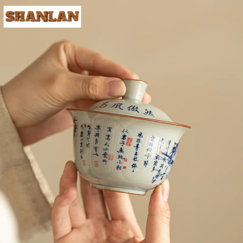 160ml Rretro Old Pottery Clay Gaiwan Vintage Blue And White Landscape Poetry Tea Tureen Tea Making Cover Bowl Ceremony Gift