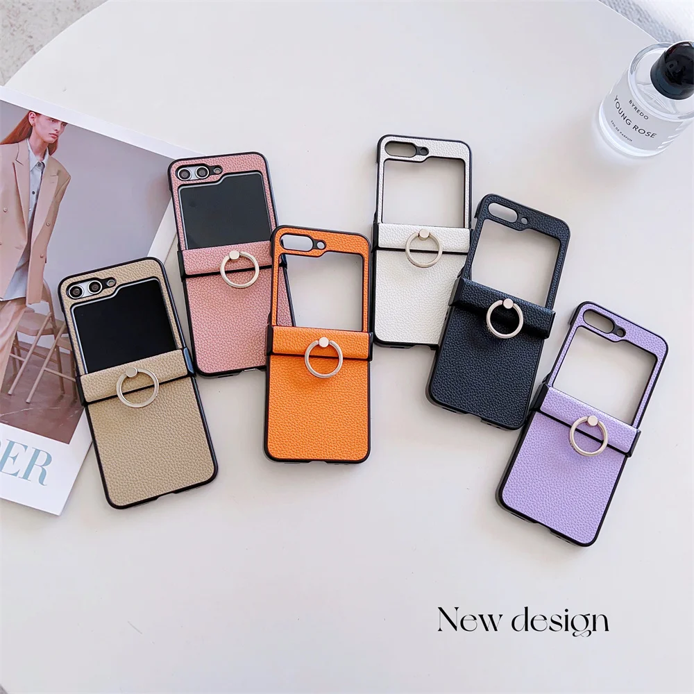 Luxury Litchi Grain Leather Case with Metal Ring Rotating Stand