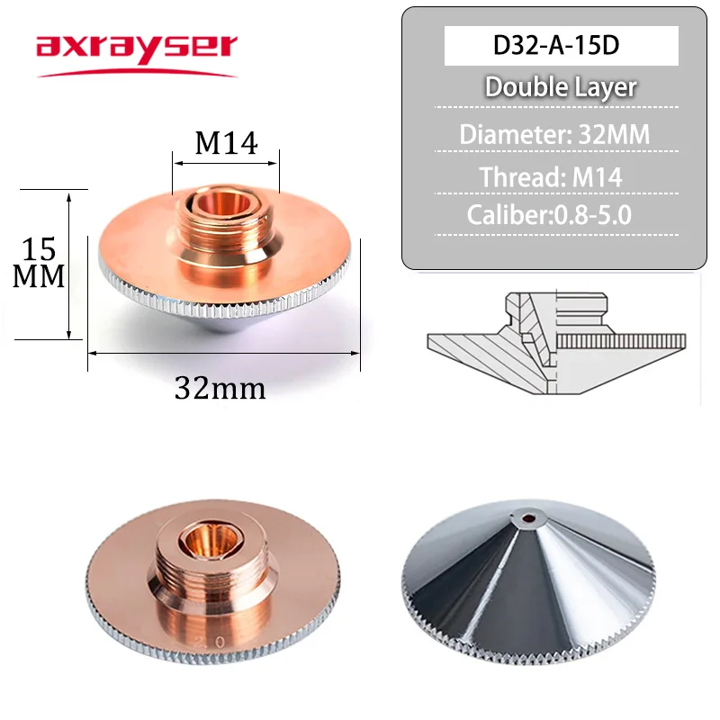 Raytools Laser Nozzles Single Double Layer Dia.32mm M14 Caliber 0.8-4.5mm for Fiber Laser Cutting Machine BT240 BM114 BM110 etc.