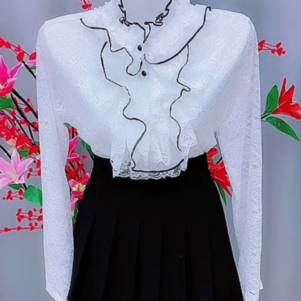 

Women's Clothing Spring 2022 Leisure Wood Ear Trim Shirts For Women Leisure Long Sleeve Female Clothing