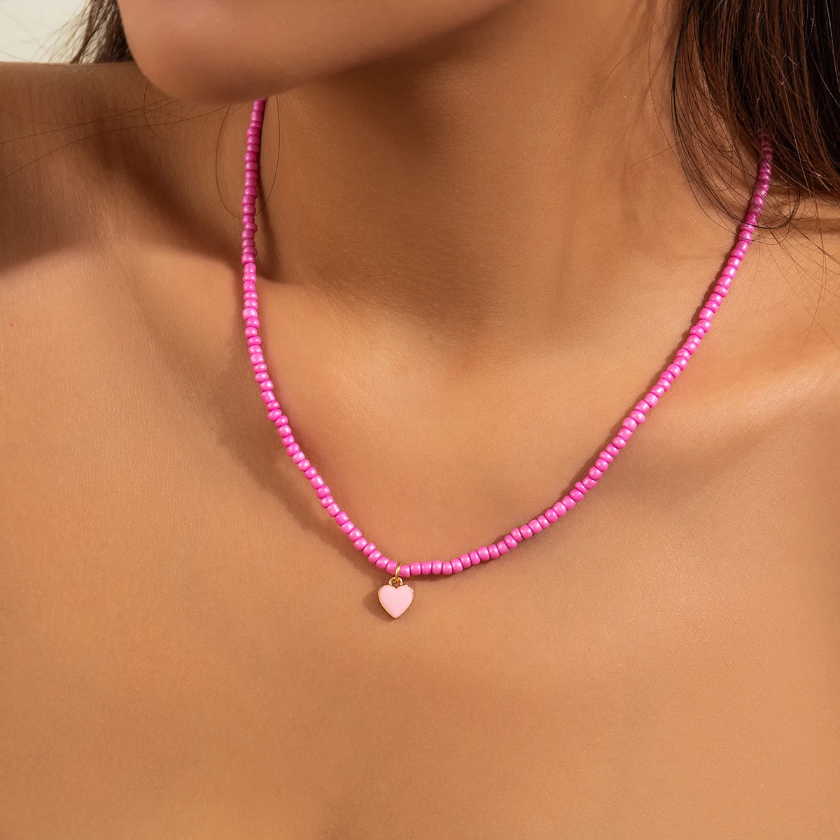 

IngeSight.Z Bohemian Stainless Steel Pink Rice Beaded Choker Necklace for Women Korean Heart Pendant Clavicle Chain Y2K Jewelry