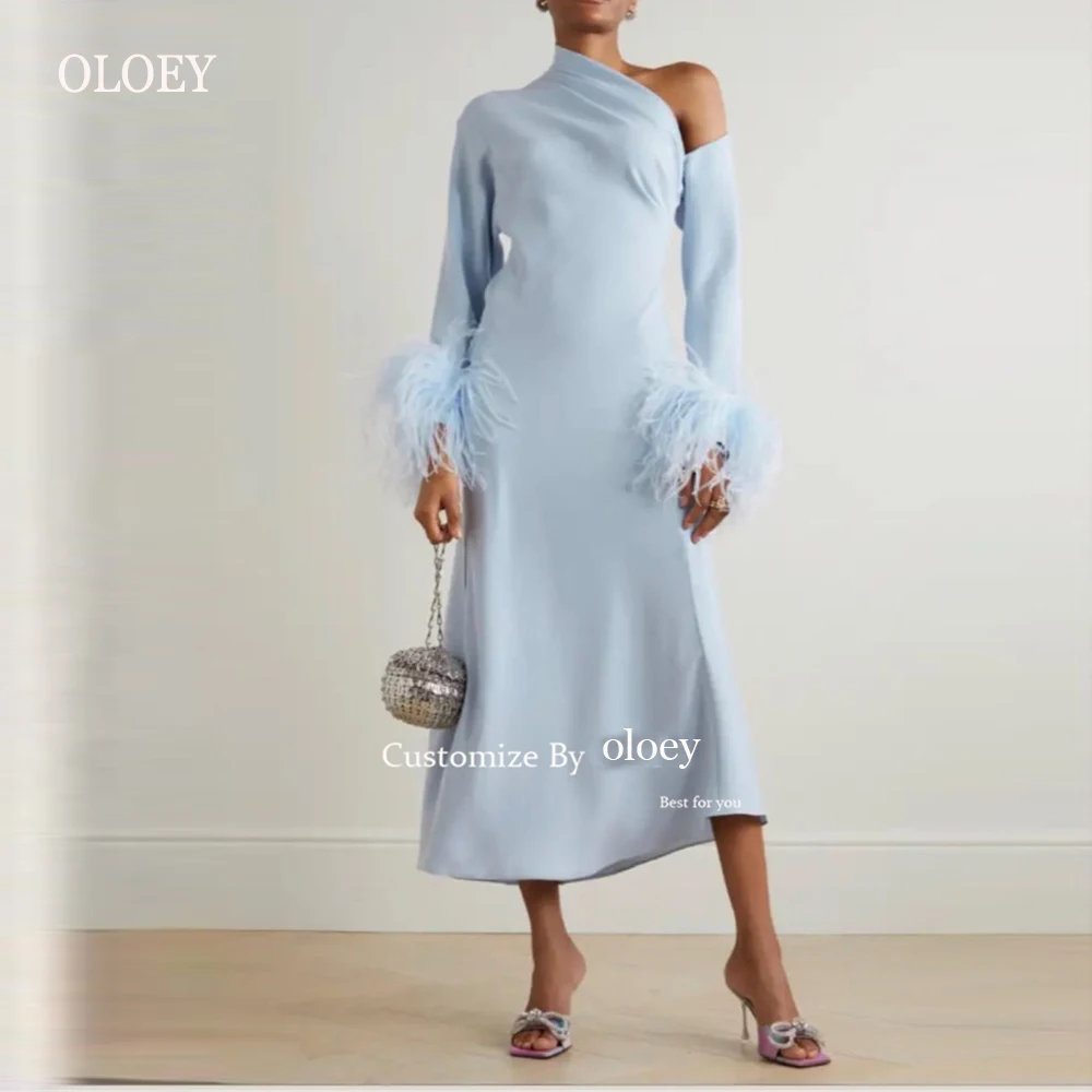 

OLOEY Elegant Light blue Arabic Women Evening Dresses Long Sleeves Feathers Dubai Formal Prom Gowns Outfit Garment Vestidos