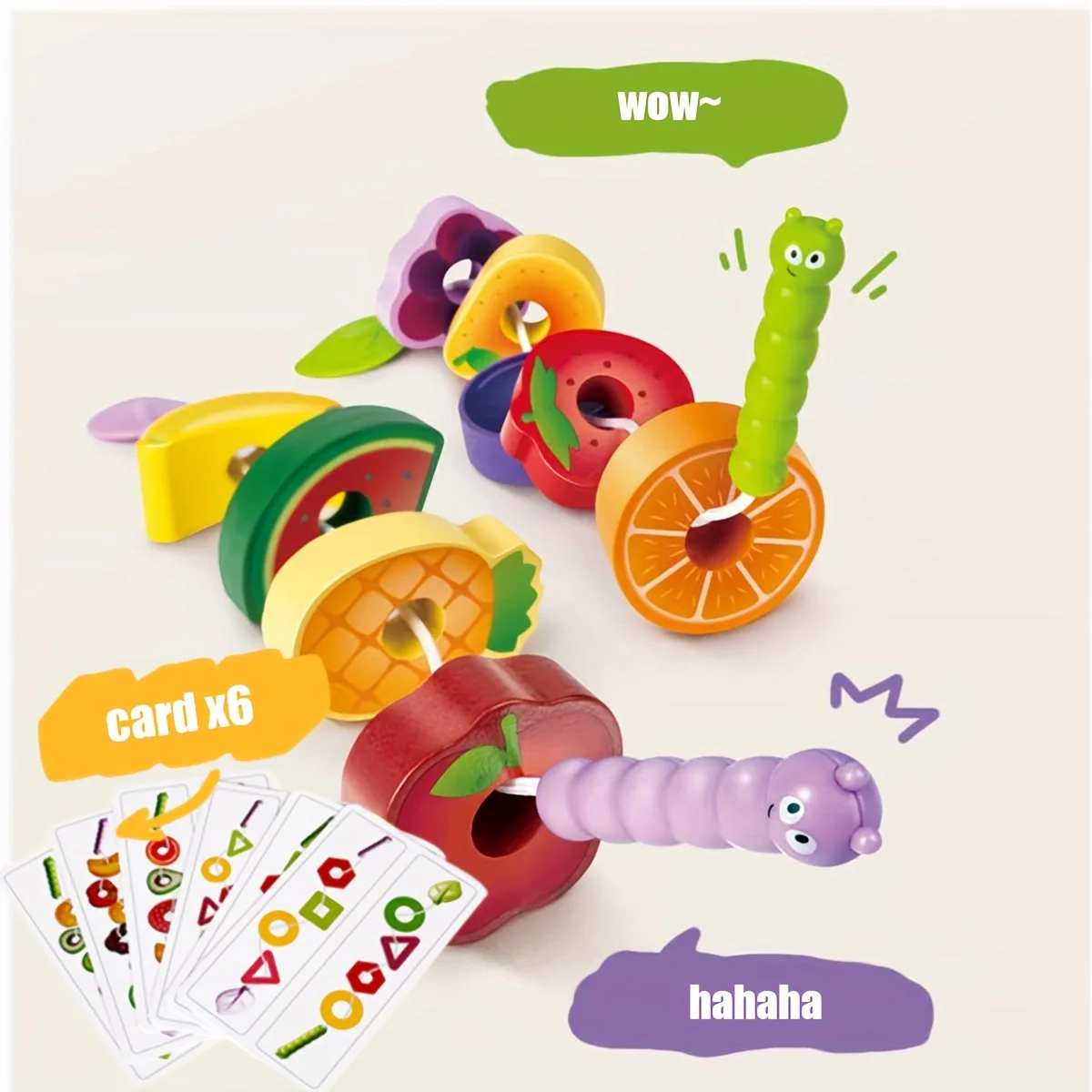 Wooden Animals Caterpillar Eat Fruits String Threading Beads Montessori Toddler Preschool Activities Lacing Toys for Kids 5
