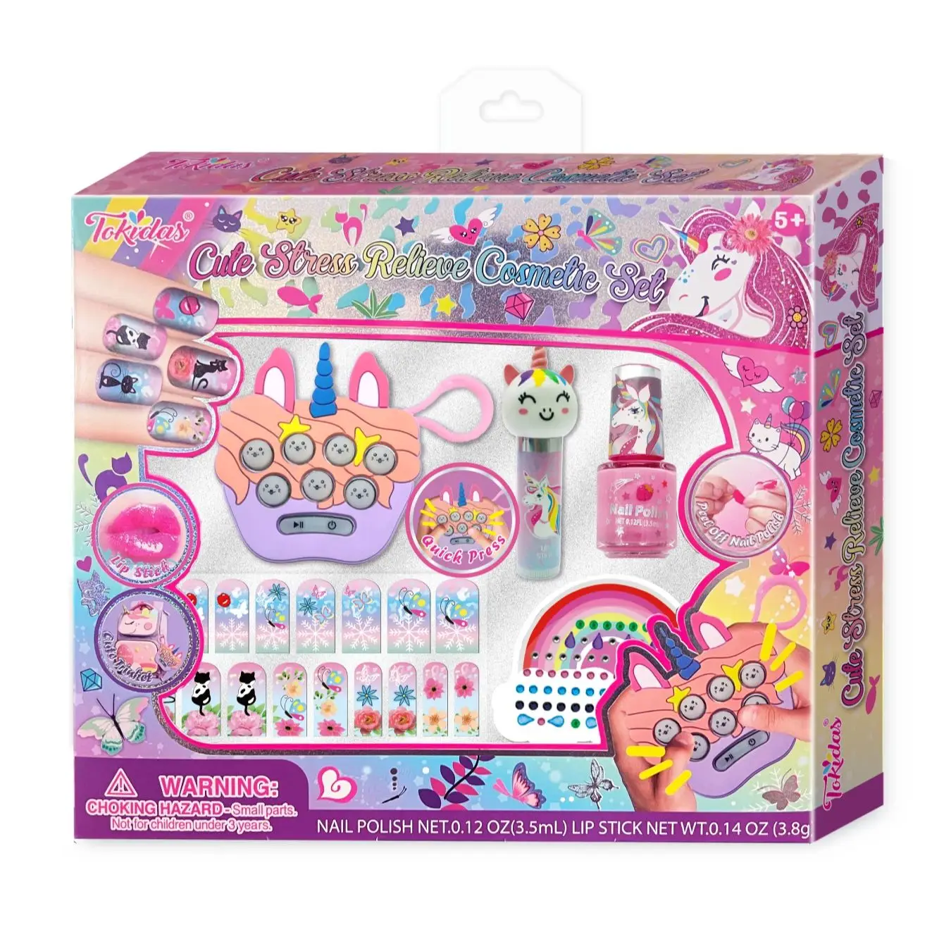 2024 Kids Makeup Set Cute Stress Relieve Cosmetic Set Nail Polish Art Set Gem Stickers Lip Gloss Set Kids Toys 2