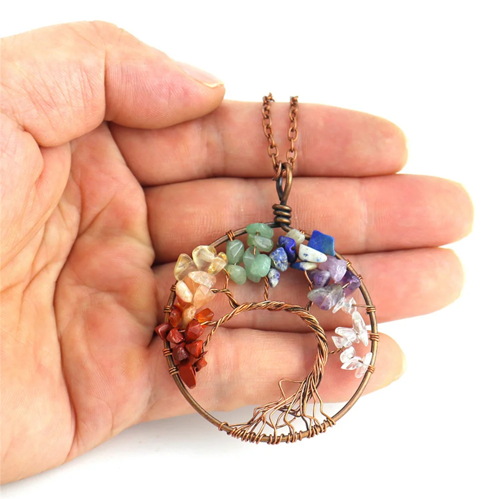 7 Chakra Natural Stones Tree of Life Pendant Handmade Crystal Copper Necklace Quartz Reiki Healing Charm Women Jewelry Gift