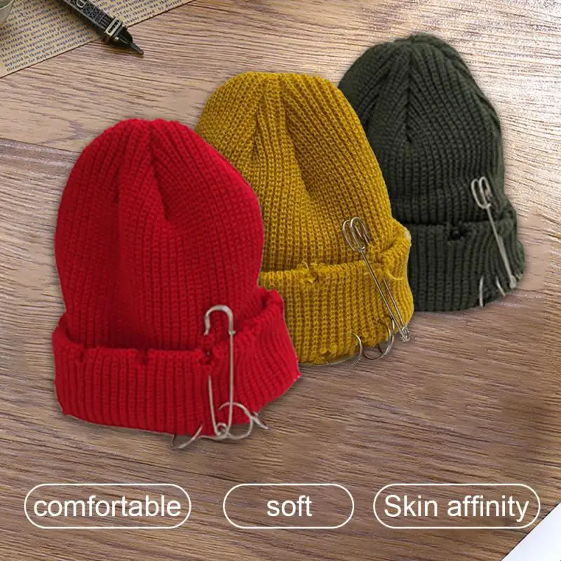 HotSellingKnittedHatWomenMetalRingPinUnisexDesingedHolesCap