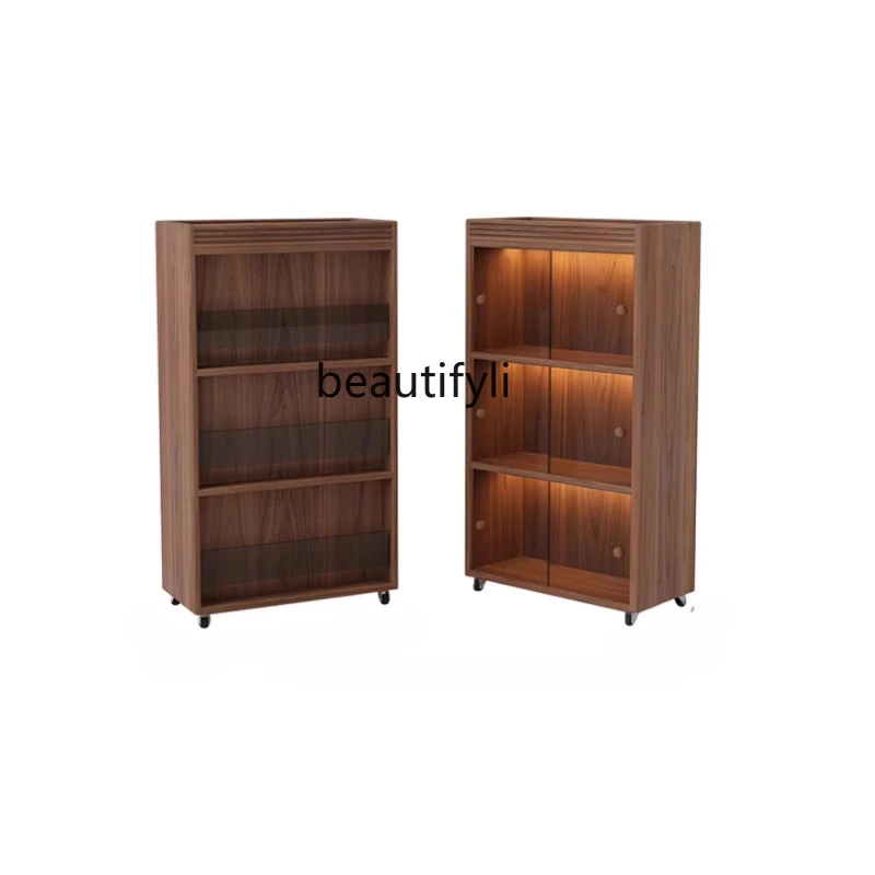 

Dust-Proof Bookcase with Glass Door Black Walnut Bookshelf Living Room Home Floor Magazine Solid Wood Locker