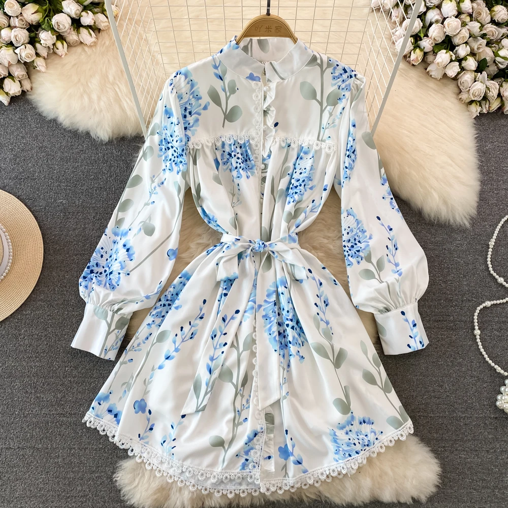 

Женское платье-трапеция до колена, элегантное голубое однобортное платье с цветочным принтом и рукавами-фонариками, милый наряд с круглым вырезом для весны и лета
