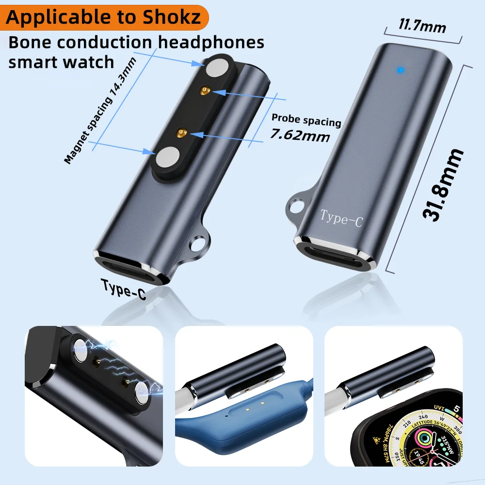 Shokz 장치에 적합 뼈 전송 헤드셋/스마트 시계 충전 어댑터 USB-C  7.62MM 2핀/4핀 자기 충전 포트