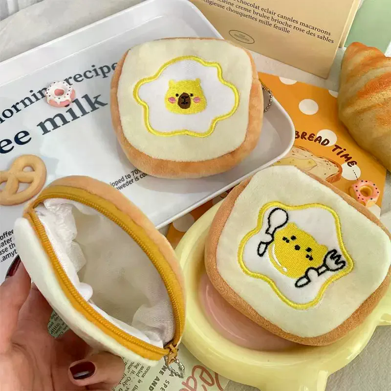 Cute Cartoon Egg Toast Plush Coin Purse Soft Money Change Pouch Small Wallet Keys Earphone Storage Bags Zipper Pouch Kid Gifts