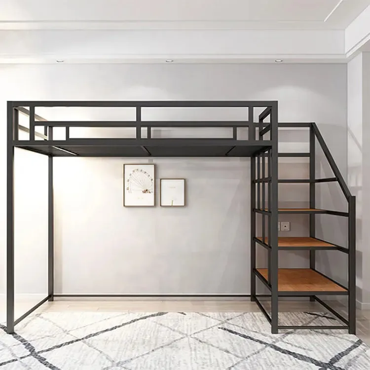 thumbnail image 1 of Cama tipo loft con marco de hierro moderno para dormitorio, tamaño Queen, buena calidad, albergue, camas de litera de metal para adultos con escaleras, Кро iyogandaух!...ярус Bild, 1 of 4