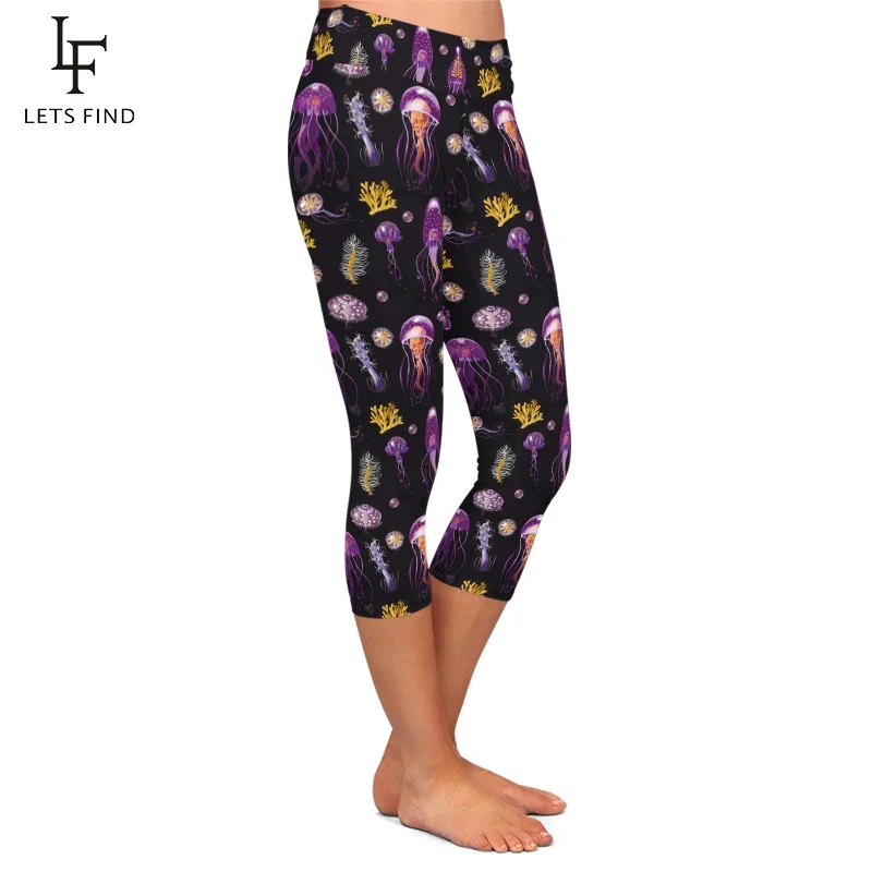 Summer Fashion Milk Silk Women Capri Leggings Jellyfish Pattern Digital Print Pants High Waist  Casual Black Leggings