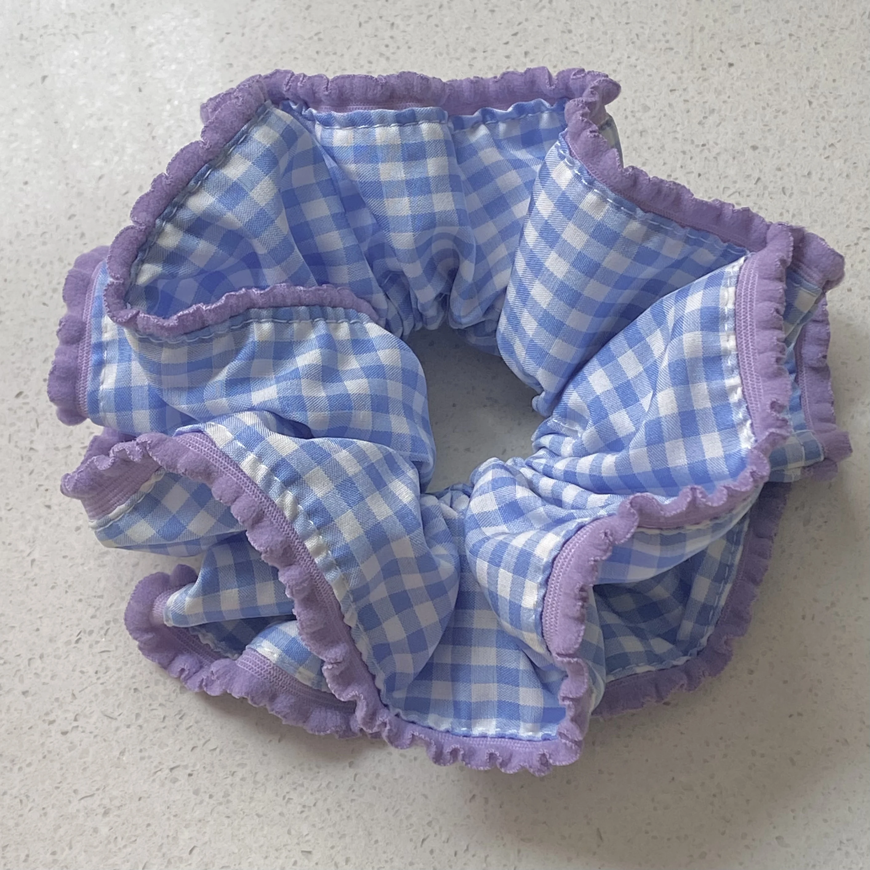 1PC  Blue And White Plaid Scrunchie With Purple Ruffle Trim, Cute Hair Accessory For Women, Stylish Hair Tie For Daily