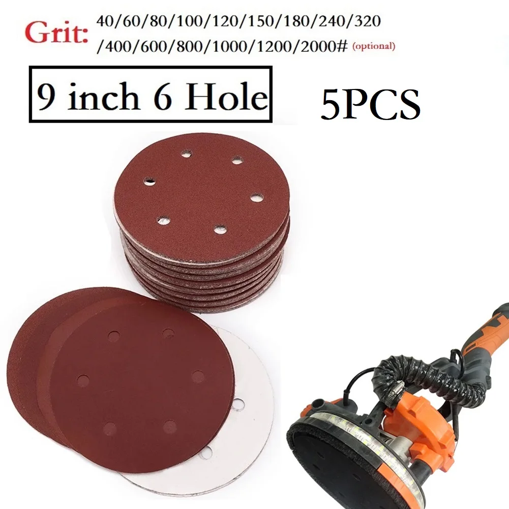 

5pcs 9inch 6 Hole 225mm Sandpaper Woodworking Metal Grinding Disc Abrasive Polishing Tool 40-2000 Grit Sanding Discs