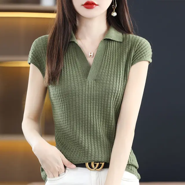 T Shirt Youth Top Petite Knitted Wholesale Ladies Polo Neck Tee Shirts Korean Pullover Luxury High Quality Flower Good Xxl Black