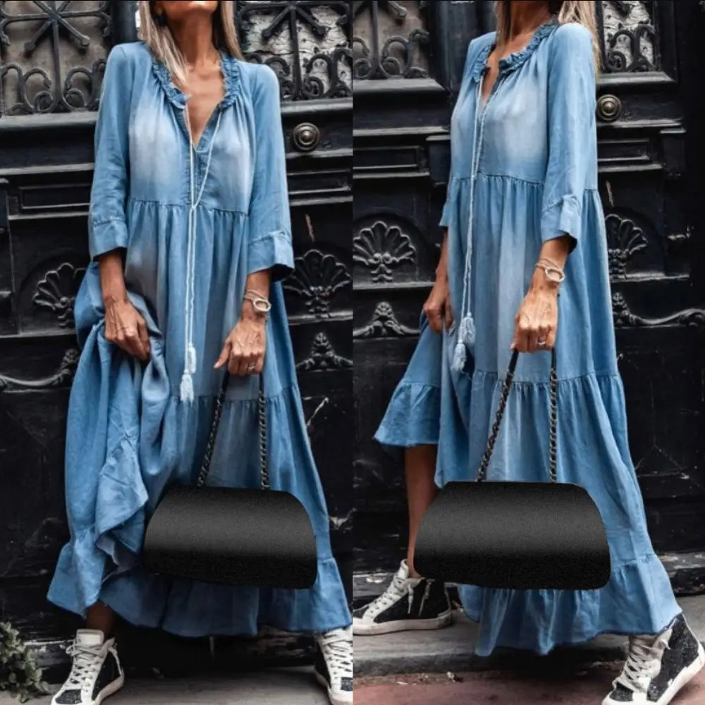 

3/4 Sleeve Dress Women Loose Tassel Dress Vintage Lace V Neck Large Hem Maxi Denim Dress