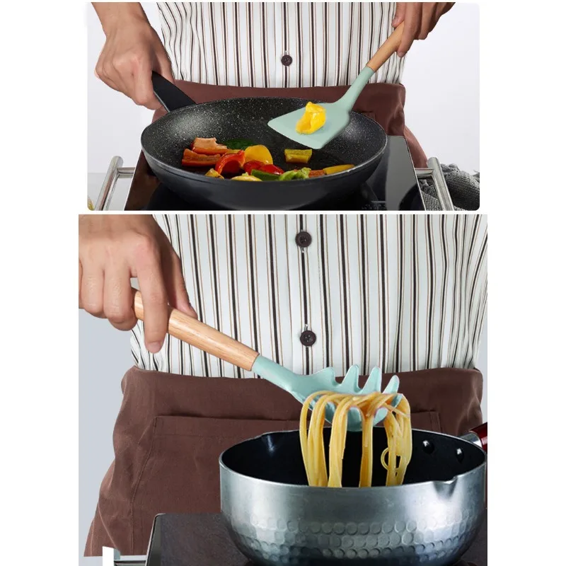 12Pcs Silicone Cooking Utensils Set Wooden Handle Kitchen Cooking Tool Non stick Cookware Spatula Shovel Egg Kitchenware Beaters