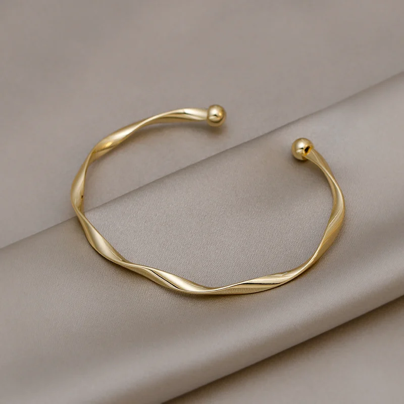 Opening Bangle Gold Color Glossy Twisted Thin Bangles For Women Female Open Minimalist Style Charm Cuff Bracelet Jewelry