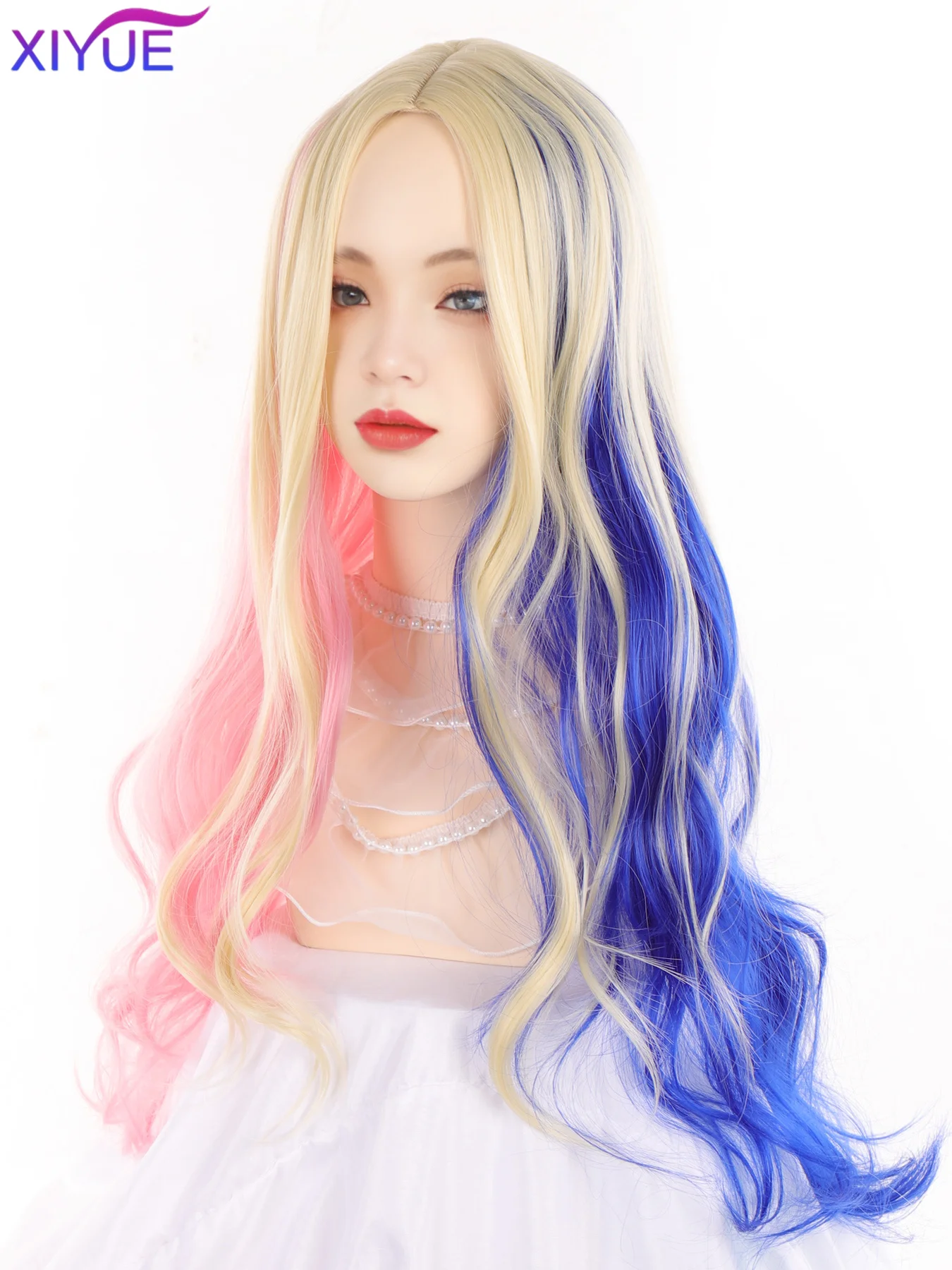 XIYUE Synthetic Long Wavy Rainbow Ombre Blonde Blue Red Wig with Bangs Lolita Cosplay Fluffy Women Hair Wig for Daily Party ﻿