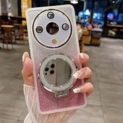 Glitter Clear Silicone Case with Makeup Mirror Stand Cover for Honor X7a Plus (SF JMCX Pink White)