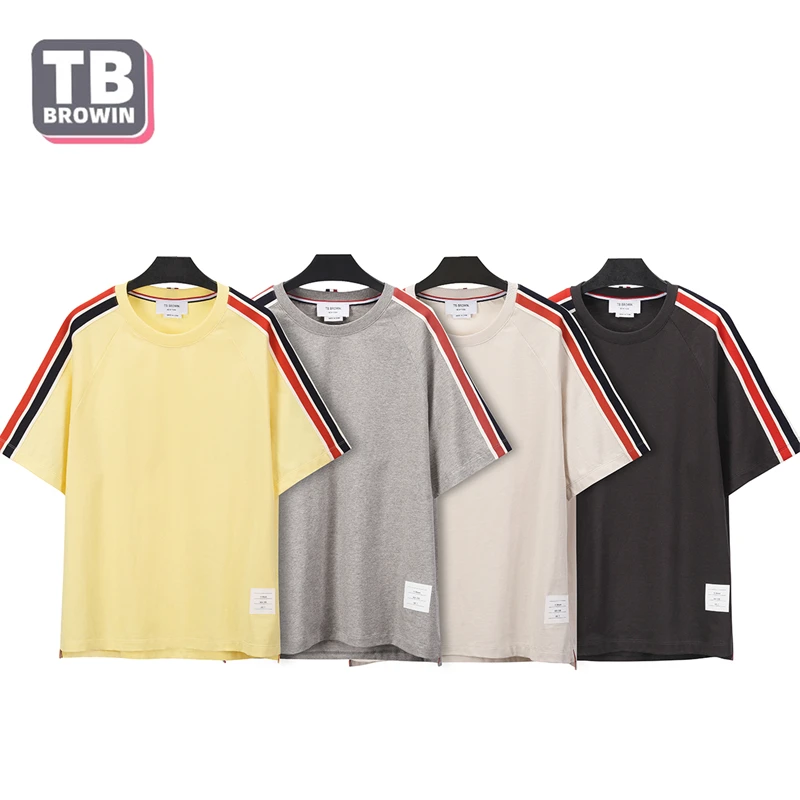 

Men's round-necked T-shirt bat short sleeves luxury combed cotton four bar stripes loose T&B Korean version forked