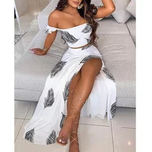 

Chicme Women Summer Two Piece Dress Sets Elegant Casual Off Shoulder Leaf Print Ruffles Top & Thigh Slit Skirt Set Lady'S Robe