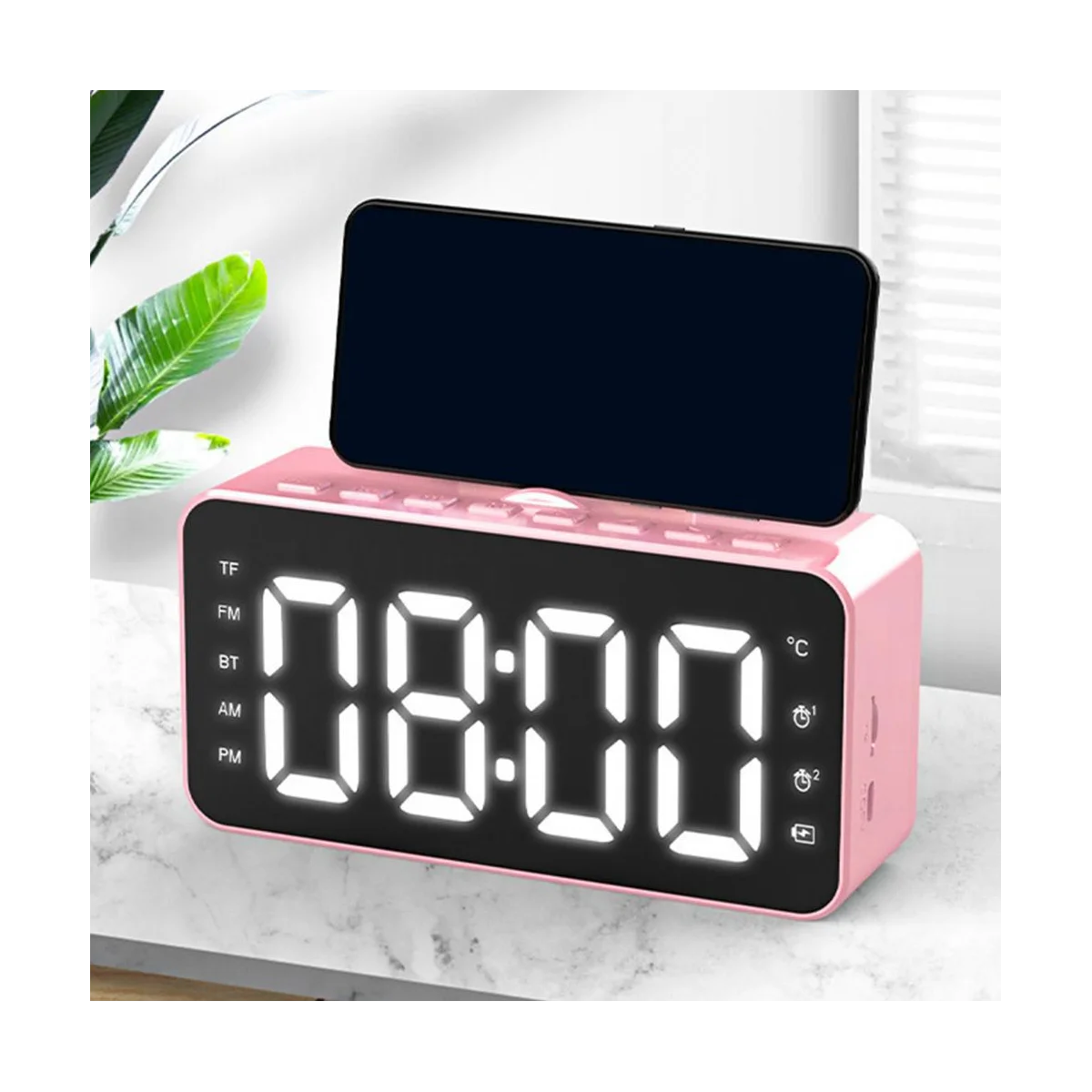 

Многофункциональный Будильник, настольные часы с ЖК-дисплеем, Bluetooth, воспроизведение музыки, цифровой будильник для офиса, розовый цвет