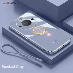 Electroplate Silicone Lanyard Phone Case with Ring Holder and Stand Feature for Honor X10 (Gray)