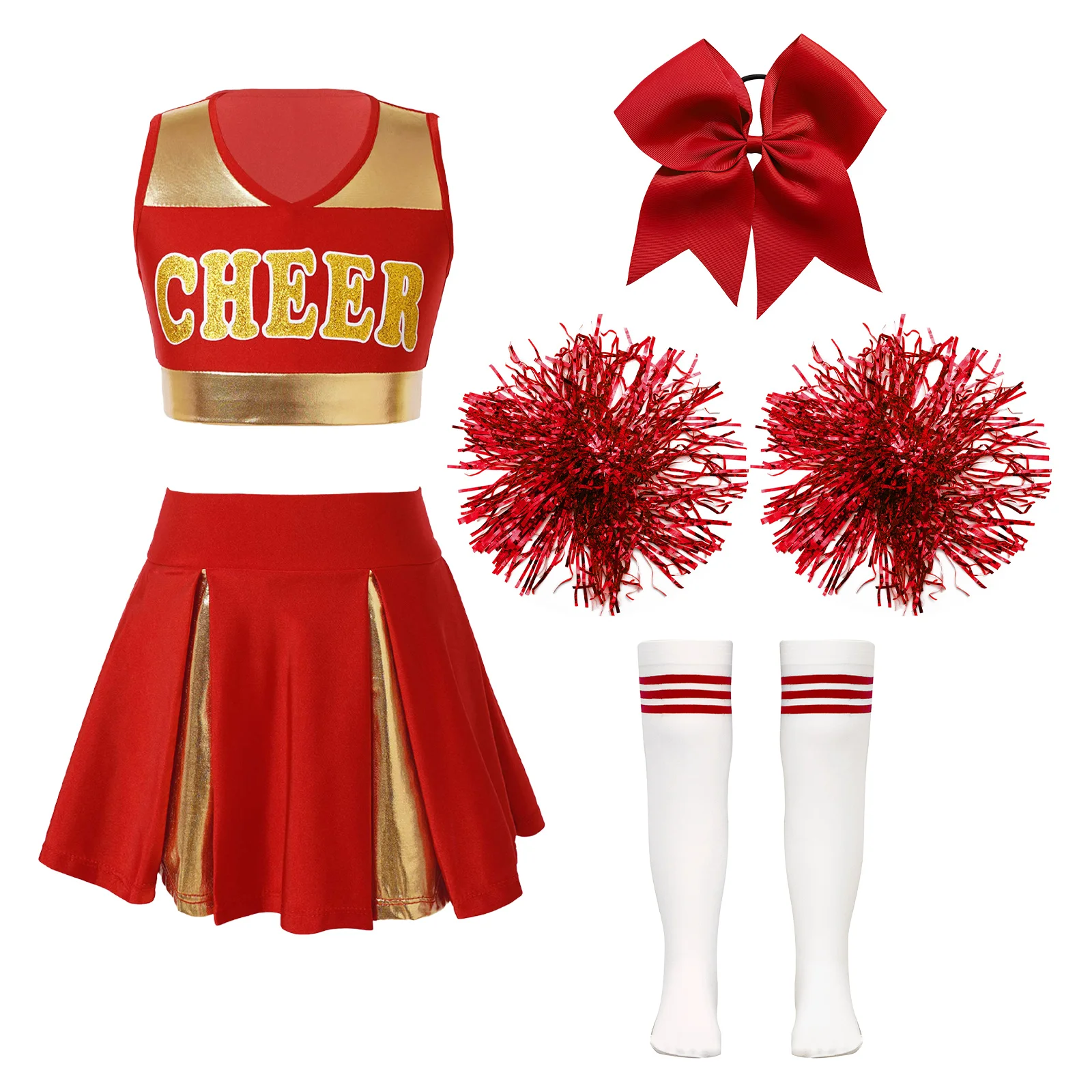 Uniformes de Cheerleader sem mangas para crianças, Crop Top, Saia e Meias, Conjuntos de roupas para meninas da escola